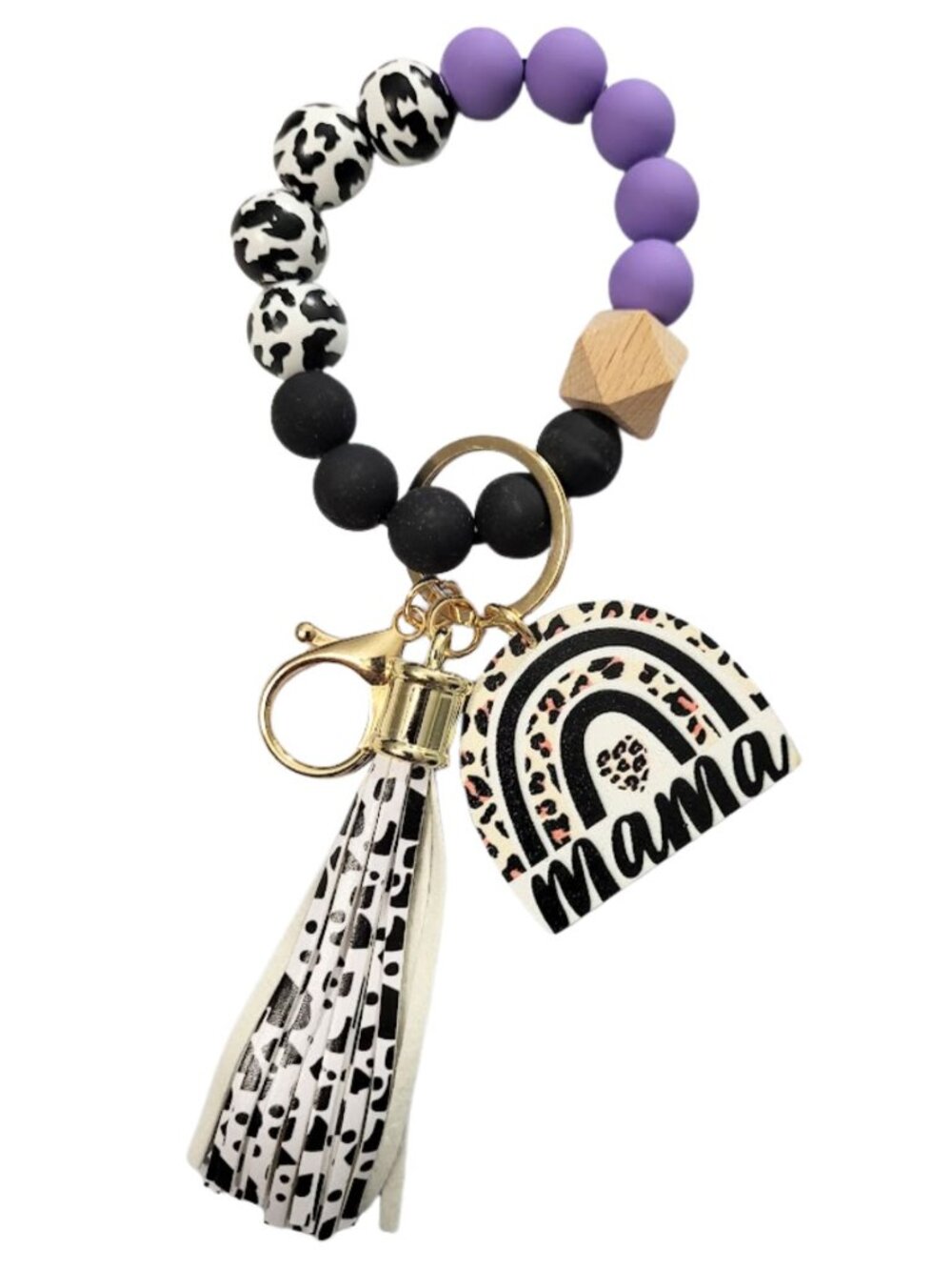 MAMA Purple Black & White Leopard Print Beaded Wristlet Keychain New In Package